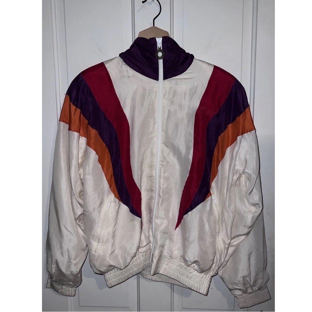 Rare Vintage ELLESSE Womens 100% Silk Windbreaker Bomber Zip Jacket White XS S M